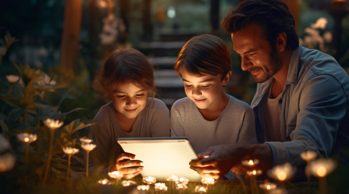 A father and two children reading the Santo prayer app together by candlelight